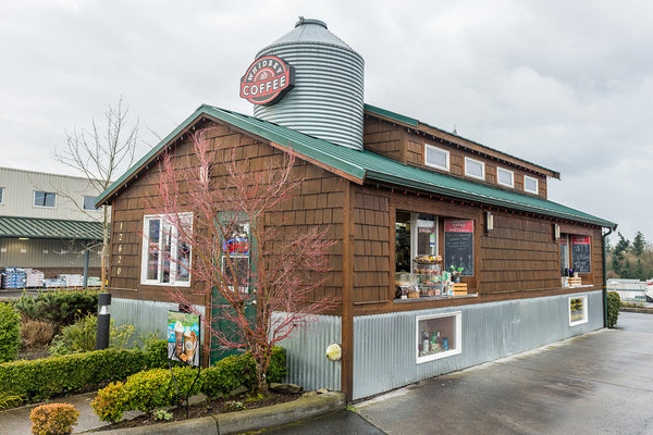 Whidbey Coffee store with shingle siding and a silo in Mukilteo, Washington